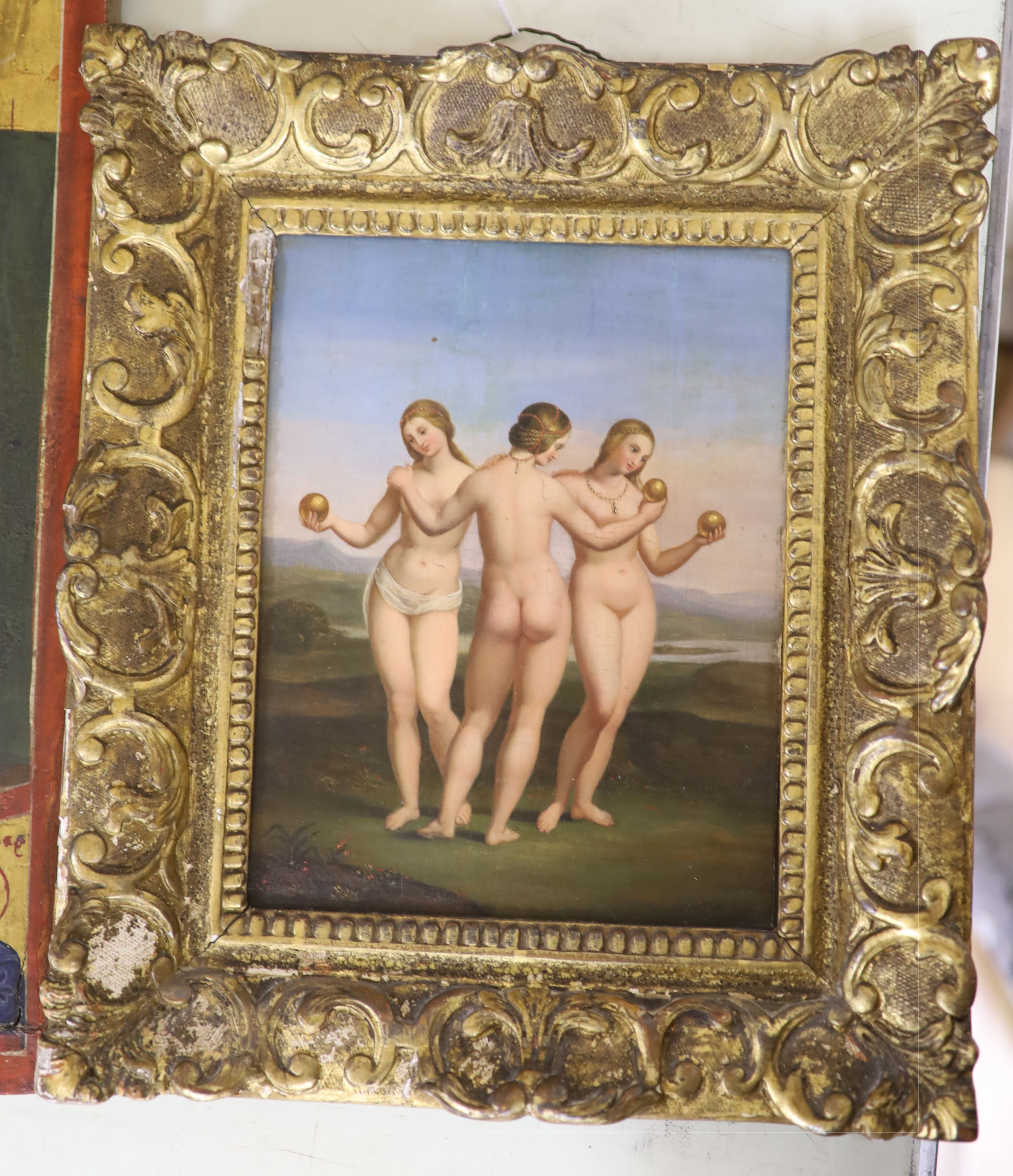 After Raphael, oil on wooden panel, The Three Graces, 23.5 x 18cm